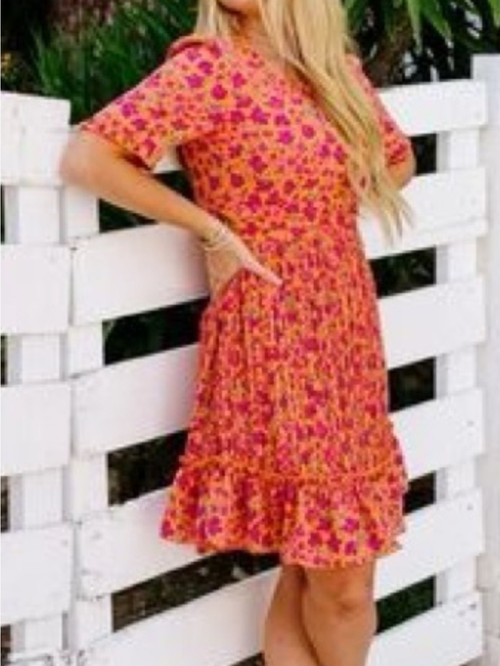 NWT Ivy City Co Orange and Pink Floral Tiered Mini Dress Size 14 - Picture 2 of 15